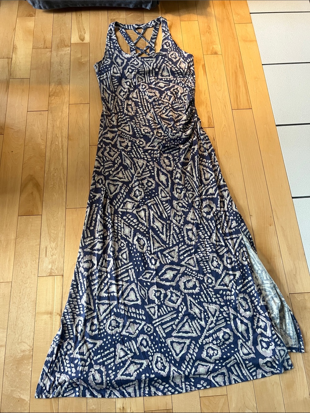 Toad&Co Navy and White Geometric Maxi Dress with Strappy Back